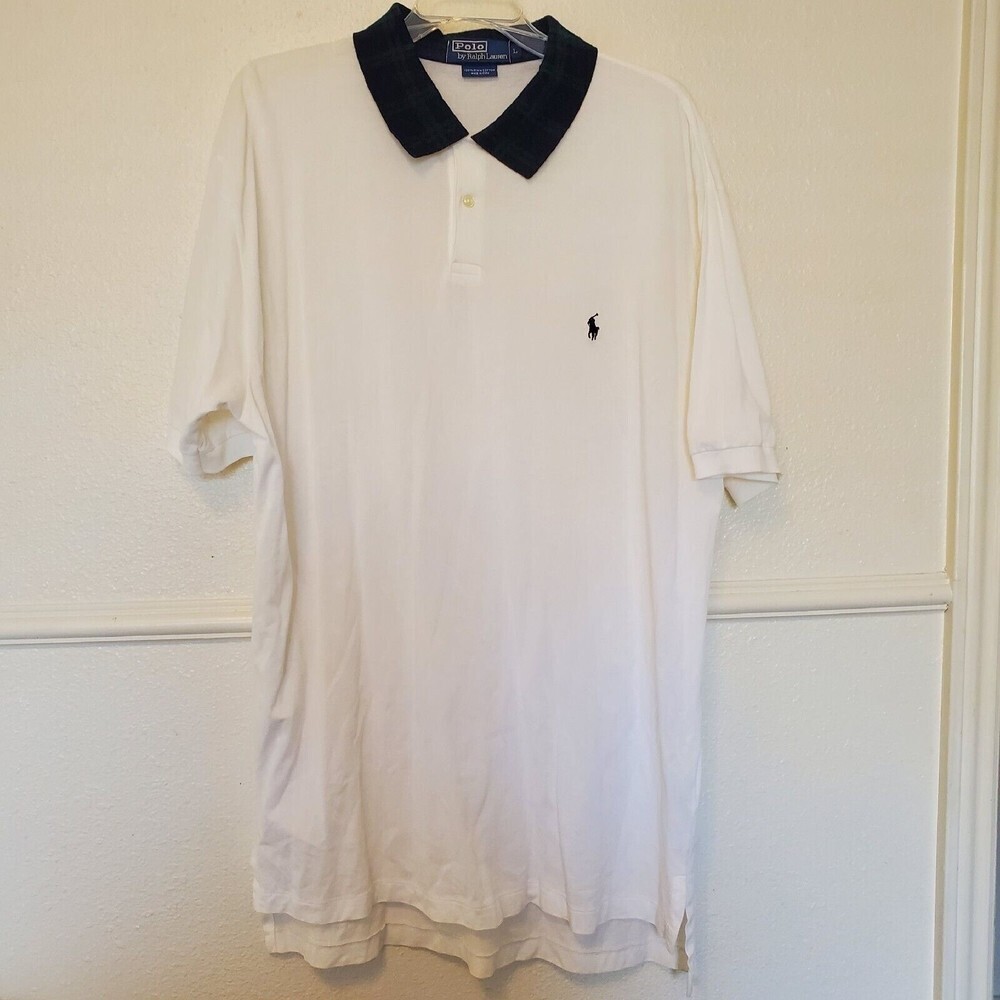 Polo Ralph Lauren Pima Cotton Polo White Tartan Plaid Loop Collar Tennis Shirt L